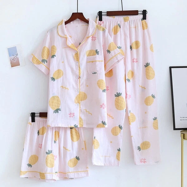 3PCS Women Pajamas Set 100% Gauze Cotton Printed Pyjamas Short Sleeve Sleepwear