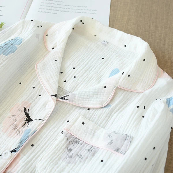 Japanese Women 100% Gauze Cotton Pajamas Set Long Sleeve Sleepwear Nightwear New