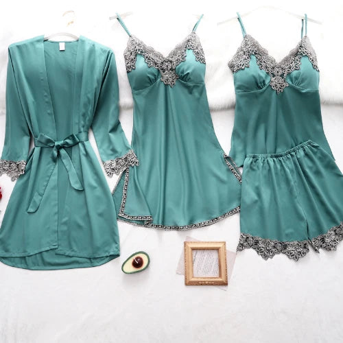 5PC Ice Silk Robe Sleep Suit Women Lace Satin Pajamas Gown Set V-Neck Nightwear