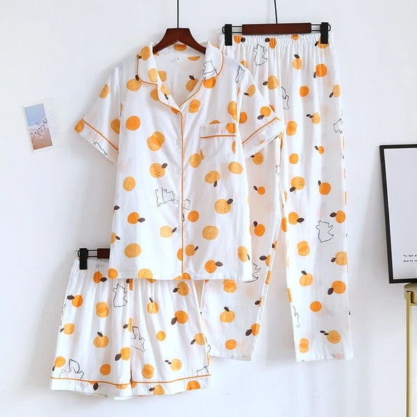 3PCS Women Pajamas Set 100% Gauze Cotton Printed Pyjamas Short Sleeve Sleepwear