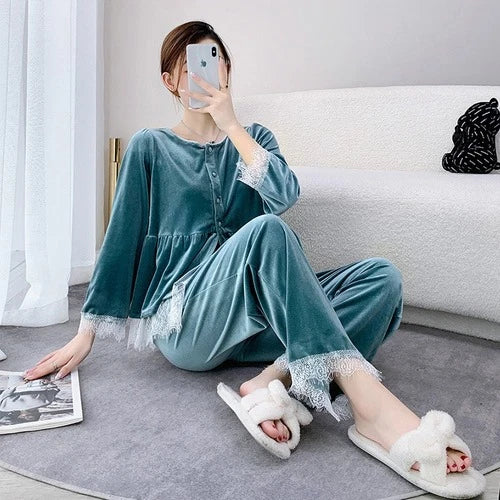 Velvet Pajamas Suit V-Neck 2PCS Set Women Lace Sleepwear Button-down Nightwear