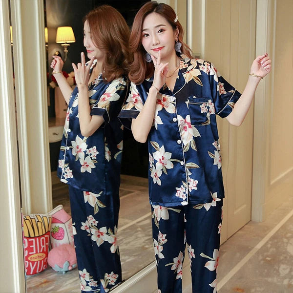 Women's Satin Pyjamas Set Short Sleeve Button-Down Sleepwear Silk PJS Loungewear
