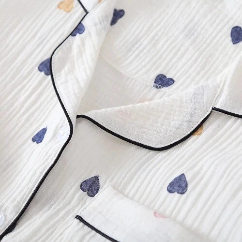 Summer Ladies Cotton Gauze Short Sleeve Shorts Pajamas Suit Cute Heart-shaped