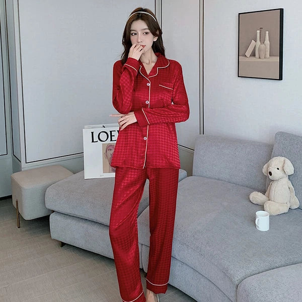 Women's Long Sleeve Silk Pajama Set Button-Down Sleepwear Print Loungewear Plus