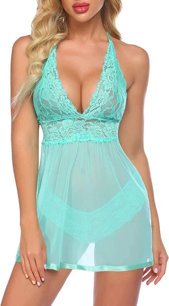 Women Sexy Lingerie Lace Babydoll V Neck Chemise Teddy Strap Sleepwear Panty Set