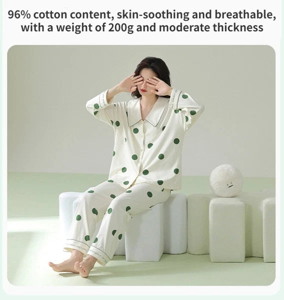 Autumn Women's Pajamas Set Long Sleeve Outdoor Polka Dot Print Antibacterial Clothing-