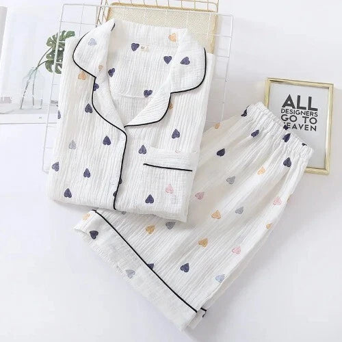 Summer Ladies Cotton Gauze Short Sleeve Shorts Pajamas Suit Cute Heart-shaped