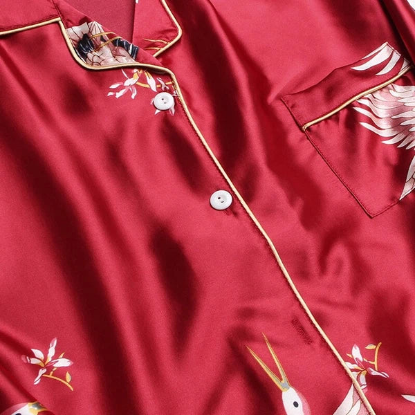 Women's Long Sleeve Silk Pajama Set Button-Down Sleepwear Print Loungewear Plus