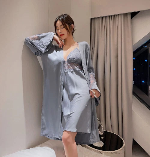 Sexy Robe Set Lace 2PCS Bathrobe Nightdress V-Neck Kimono Gown Sleepwear Suit