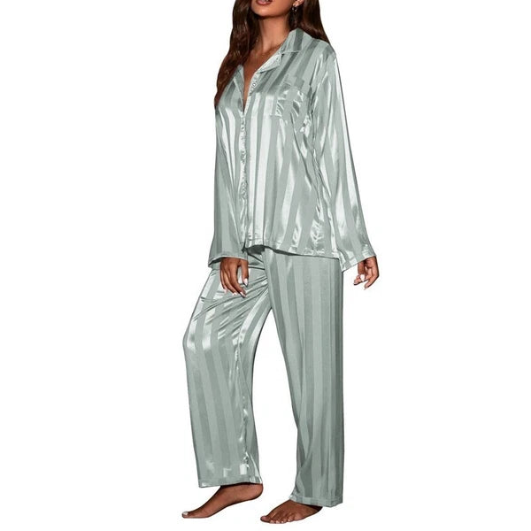 2023 Women's striped pajama set, solid silk satin pajama two-piece set