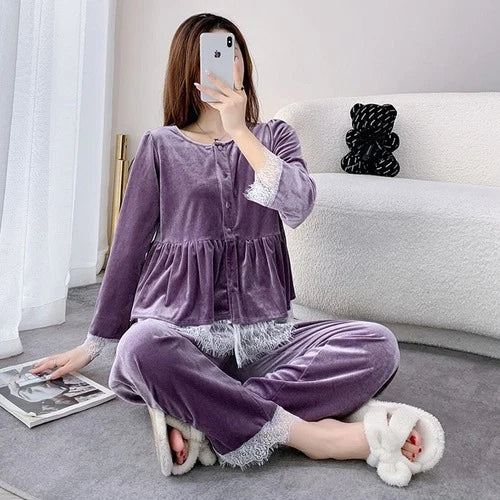 Velvet Pajamas Suit V-Neck 2PCS Set Women Lace Sleepwear Button-down Nightwear