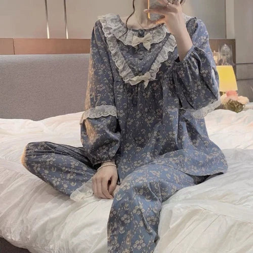 Women Long Sleeve Pajama Sets Floral Lace Princess Ruffles Lounge O-neck Pyjamas