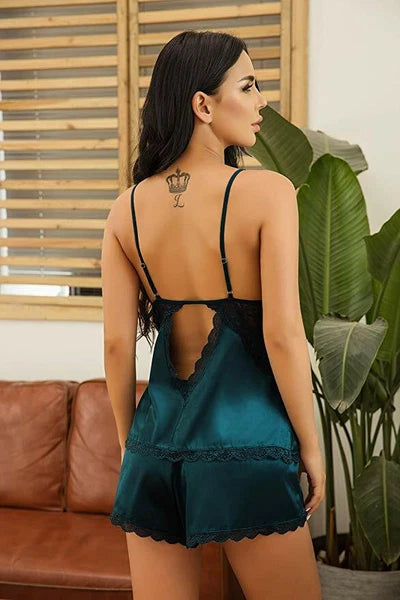 Women Sleepwear Satin Pajamas Set Lace Camisole Shorts Nightwear Sexy Lingerie