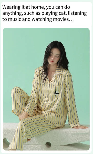 Women's Long Sleeve Pajamas Fashion Striped Homewear Comfortable Antibacterial Clothing-