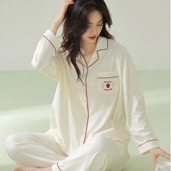 Fashion Women's Pajamas Autumn Embroidered Comfortable Casual Antibacterial Pajamas Set-