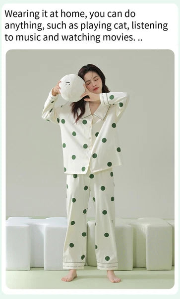 Autumn Women's Pajamas Set Long Sleeve Outdoor Polka Dot Print Antibacterial Clothing-