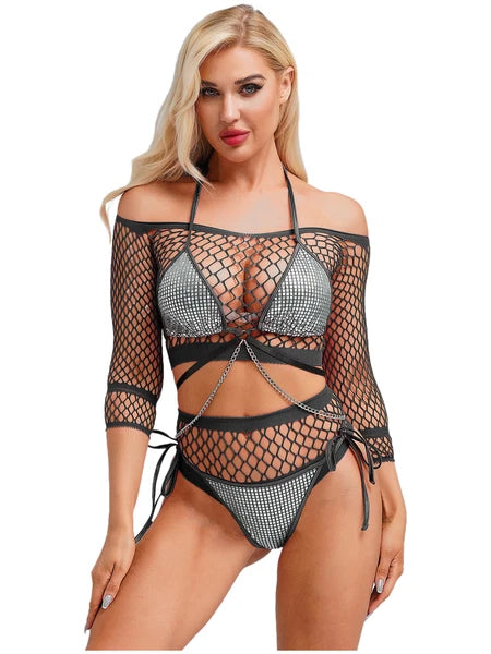 Womens Underwear Shiny Thong Crop Top Lingerie Lace-up Nightwear 4-piece Bra