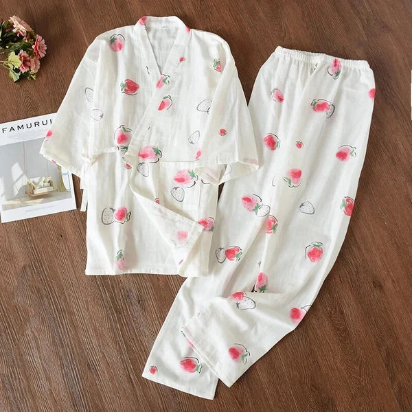 Pajamas Set Female Spring and Autumn 100% Cotton Gauze Home Clothes Sweet Two-p