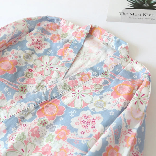 Japanese Harajuku 100% Gauze Cotton Kimono Pajamas Top+Pants Women Nightgown Set