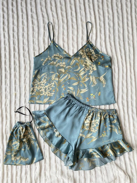 Floral Print Cami Tops Ruffle Hem Shorts Pajama Set Women's Sleepwear Loungewear