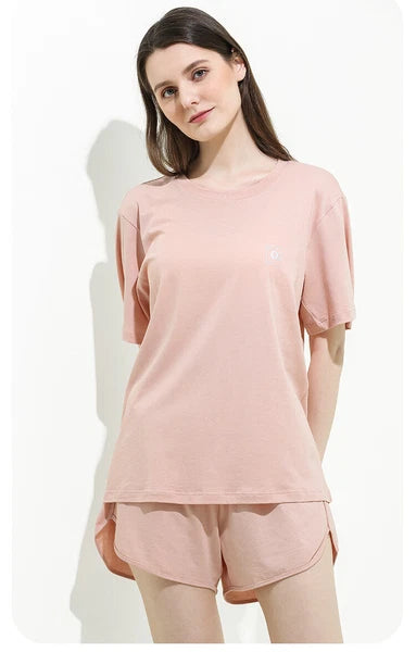Summer Women's Cotton Short Sleeve Lounge Loose Seat Antibacterial Pajamas Set-