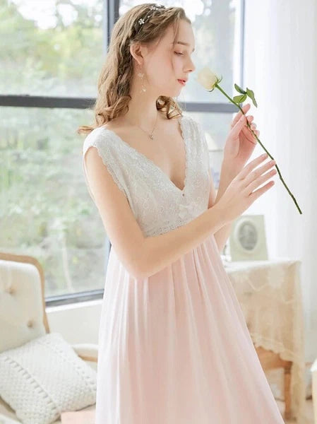 Cotton Summer Sleeveless V-Neck Backless Lace Fairy Princess Nightdress Fairy