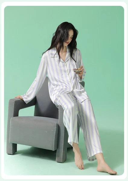 Women's Long Sleeve Pajamas Fashion Striped Homewear Comfortable Antibacterial Clothing-