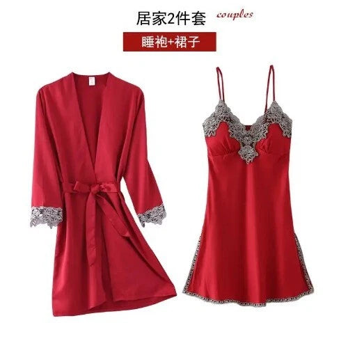 5PC Robe Sleep Suit Lace Satin Pajamas Gown Set V-Neck Wear Home Nightwear