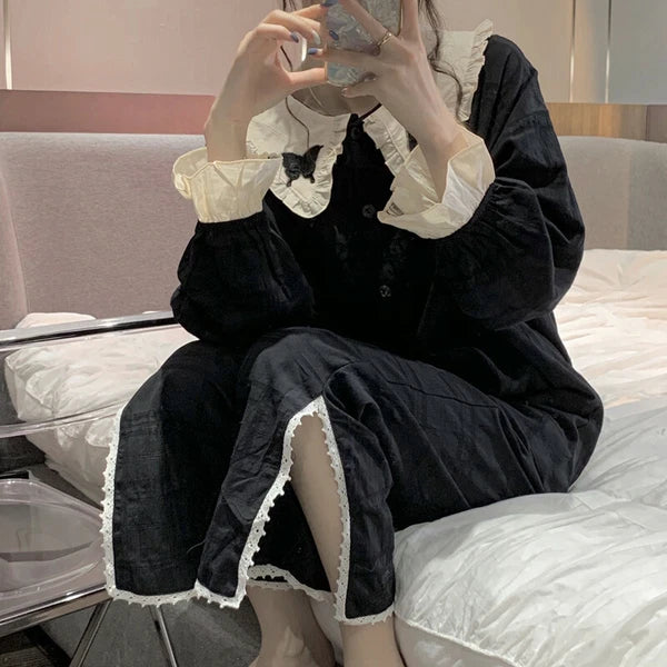 Korean women sweet pajamas long-sleeved trousers home service two-piece suit