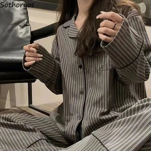 Pajama Set Women Homewear Striped Minimalist Leisure Fashion Comfortable Loose
