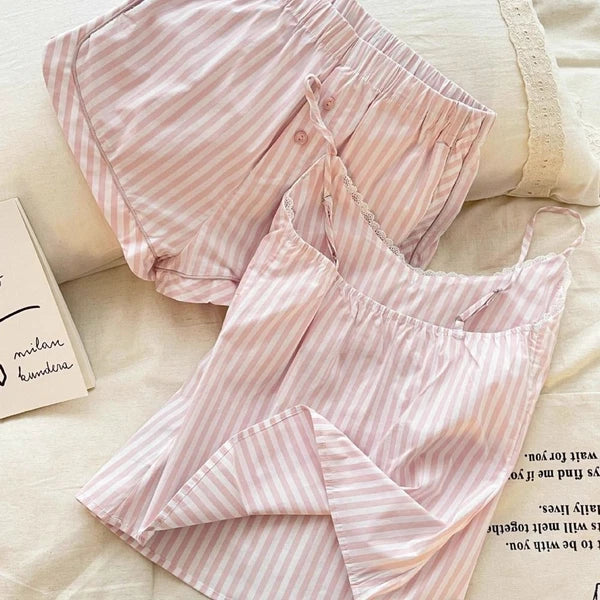Sleeveless Lace Stripe Pyjama Suit Two Piece Pyjama Sets Gifts-
