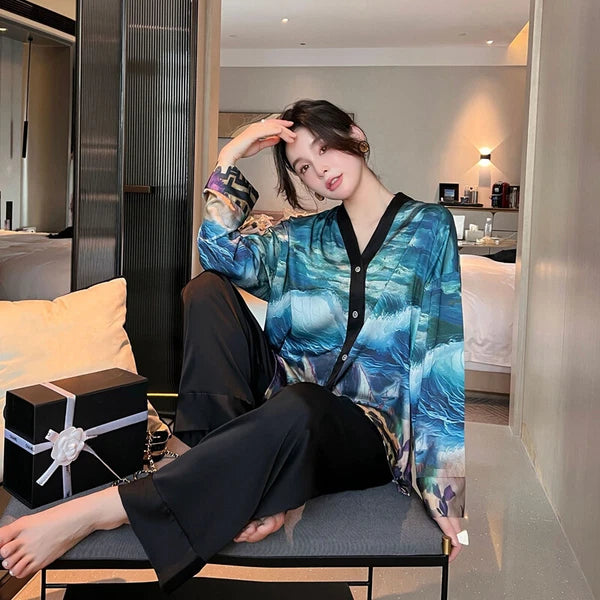 Women's Pajamas Set Luxury Print Silk Sleepwear V Neck Design Homewear Nightwear