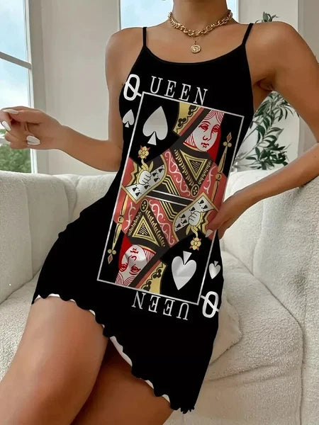 Fashionable Comfortable PJ, Playing Card Q Queen Pajama, Poker Slip Nightdress