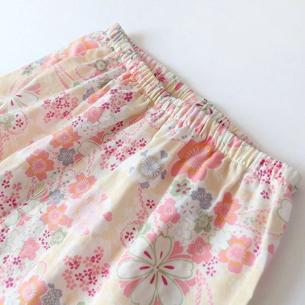 Japanese Women 100% Gauze Cotton Pajamas Set Kimono Short Sleeve Print Sleepwear