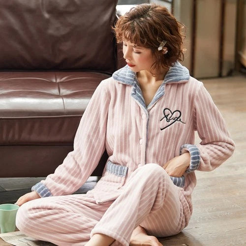 2pcs Pijamas Student Pajama  Pajimas Sets Winter Flannel Coral Cute Sleepwear