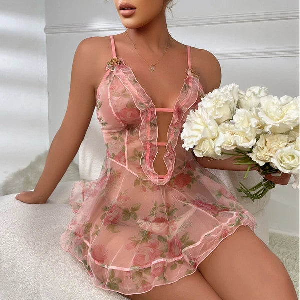 Sexy Women Lingerie Pink Lace Dress G-string Underwear Babydoll Sleepwear Gift