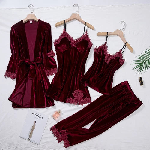 Burgundy Pajama Suit Women 4PCSKimono Robe Sleepwear Velvet Lace Folwer Bathrobe