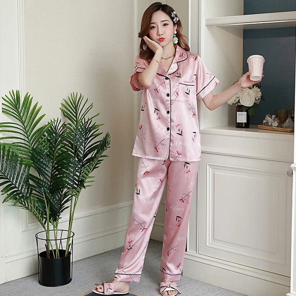 Women's Satin Pyjamas Set Short Sleeve Button-Down Sleepwear Silk PJS Loungewear