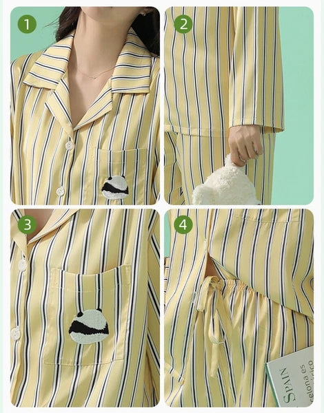 Women's Long Sleeve Pajamas Fashion Striped Homewear Comfortable Antibacterial Clothing-