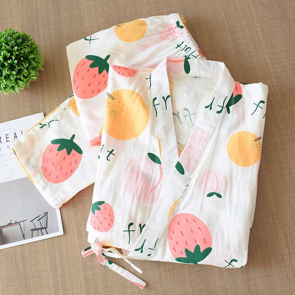 Japanese Harajuku 100% Gauze Cotton Kimono Pajamas Top+Pants Women Nightgown Set