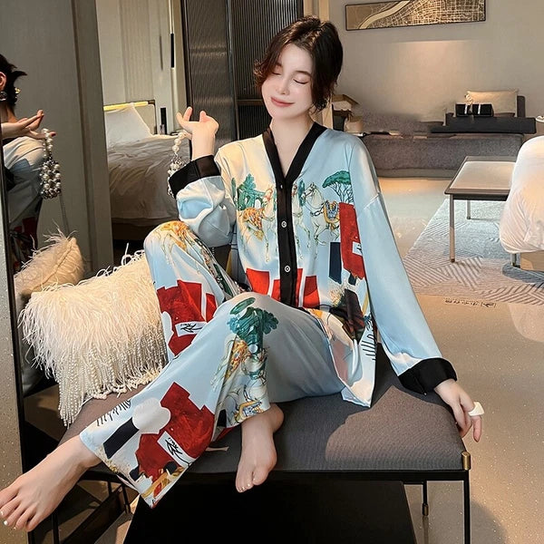 Women's Pajamas Set Luxury Print Silk Sleepwear V Neck Design Homewear Nightwear