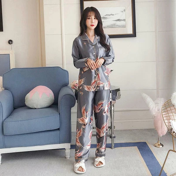 Women's Long Sleeve Silk Pajama Set Button-Down Sleepwear Print Loungewear Plus