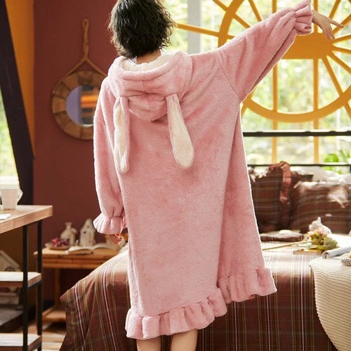 Winter Women Hooded Pajama Sets Ruffled Coral Flannel Sleepwear Cute Nightwear