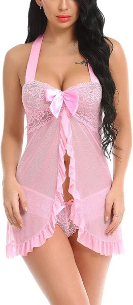 Sexy Women Lingerie Pink Lace Dress G-string Underwear Babydoll Sleepwear Gift