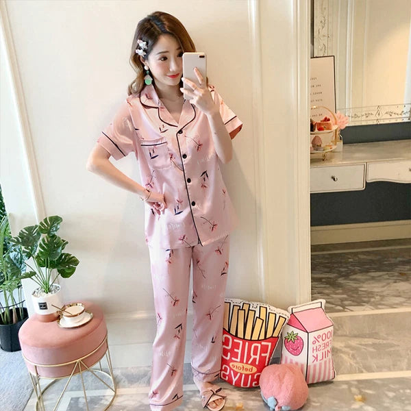 Women's Satin Pyjamas Set Short Sleeve Button-Down Sleepwear Silk PJS Loungewear
