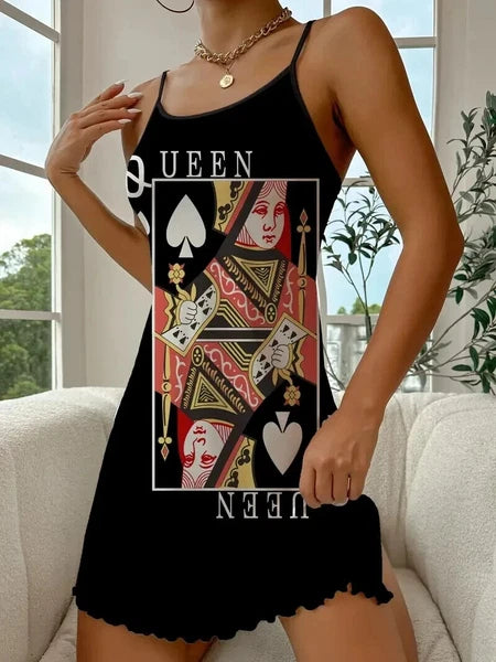 Fashionable Comfortable PJ, Playing Card Q Queen Pajama, Poker Slip Nightdress