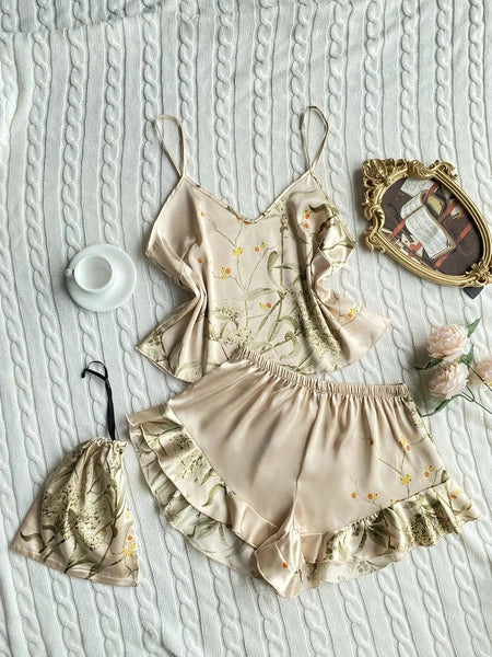 Floral Print Cami Tops Ruffle Hem Shorts Pajama Set Women's Sleepwear Loungewear