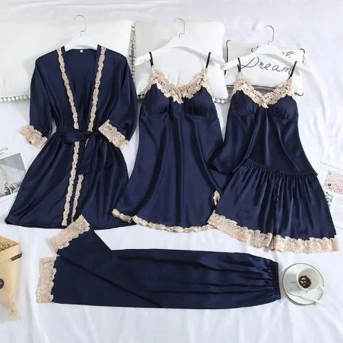 5PC Robe Sleep Suit Lace Satin Pajamas Gown Set V-Neck Wear Home Nightwear