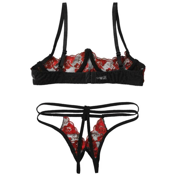 Women's Floral Lace Lingerie Bra Set Crotchless Thong G-string Cupless Bralette