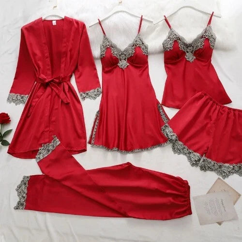 5PC Robe Sleep Suit Lace Satin Pajamas Gown Set V-Neck Wear Home Nightwear